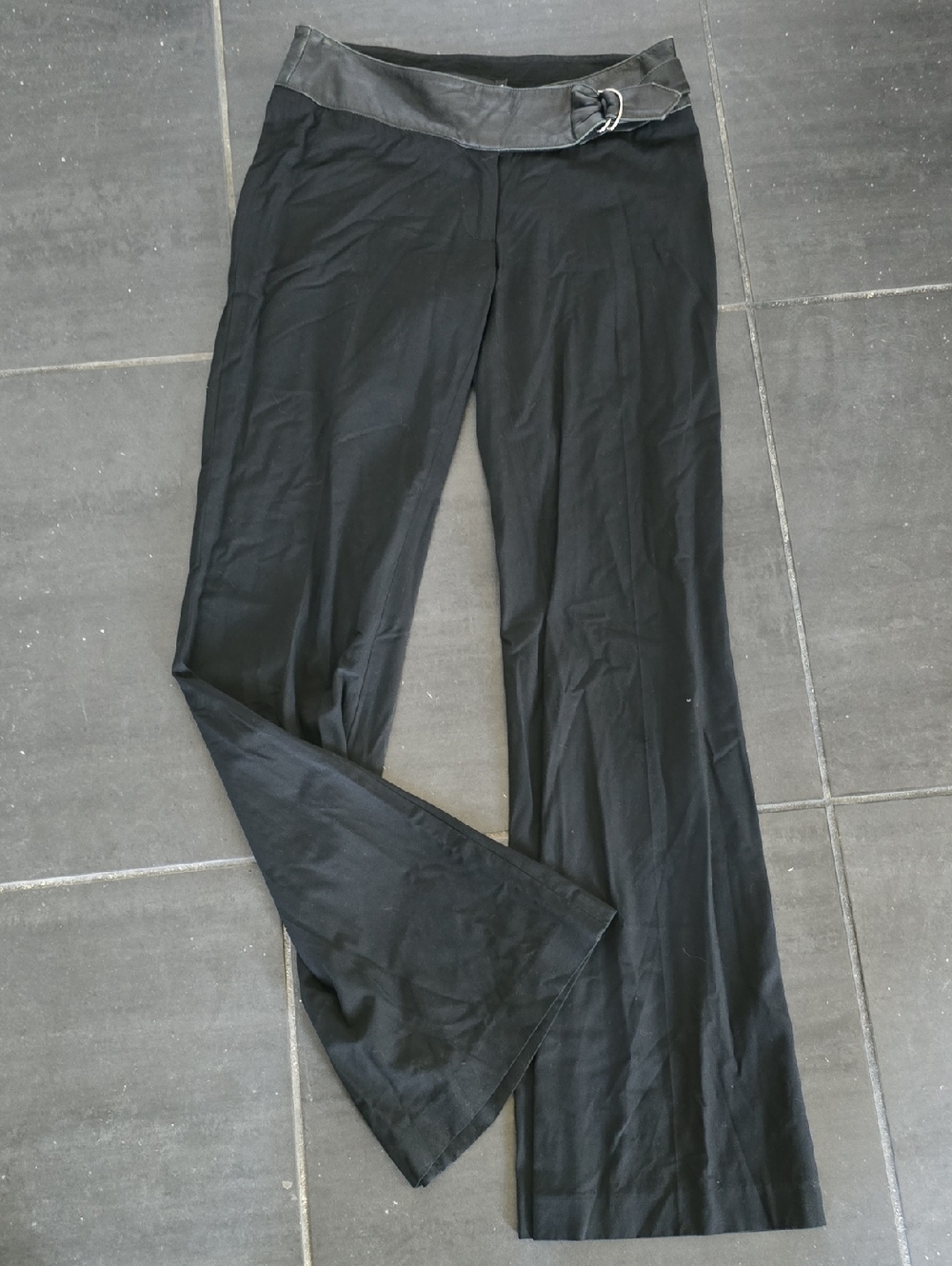 Guess Collection Black Flare-Leg Pants w/Genuine-Leather Waistband